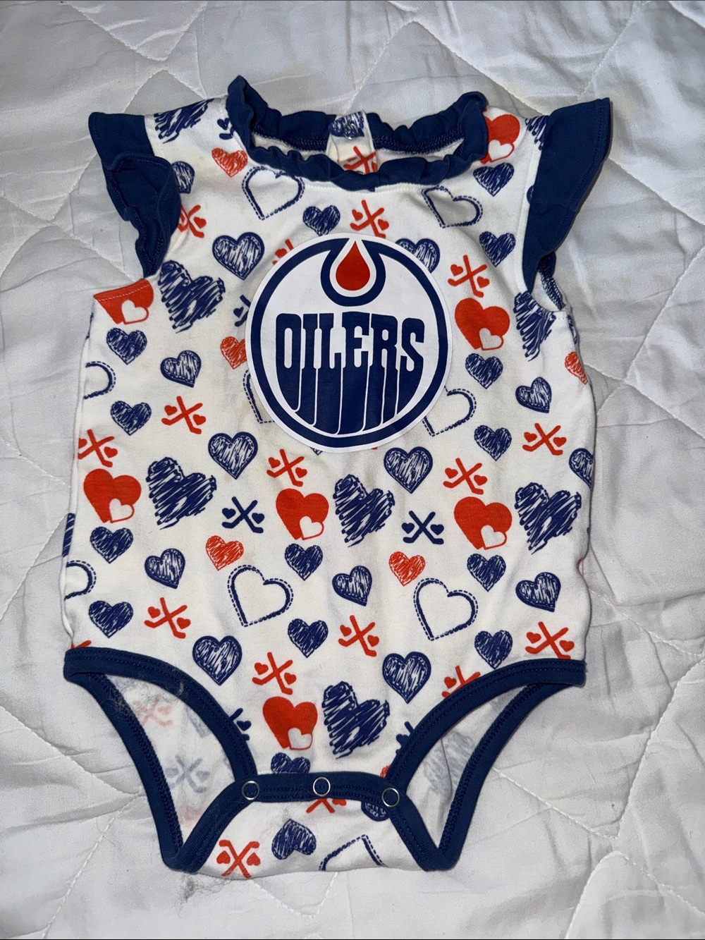 🍄18m Edmonton oilers Girls' Heart Print One-Piece - White/Navy/Orange like new